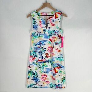 Aryeh Multicolor Nautical Sailboat Print Split Neck Sleeveless Mini‎ Dress XS
